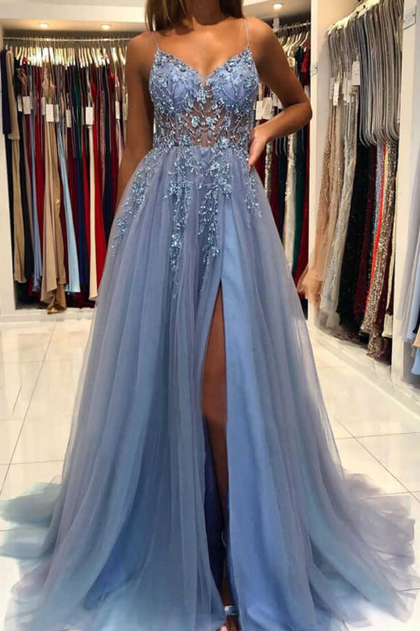 Blue Tulle A-line V-neck Beaded Long Prom Dresses MP652 | Musebridals