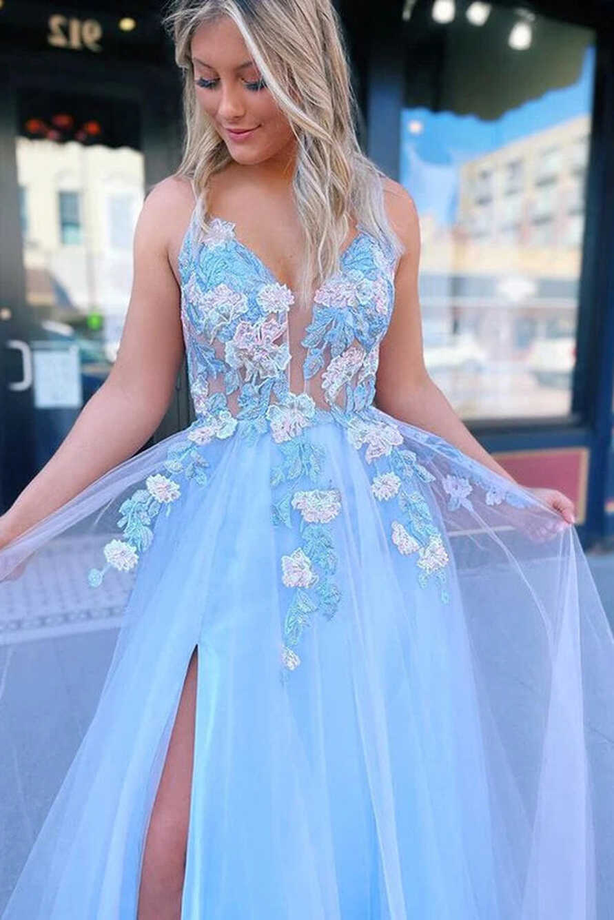 Blue Tulle A-line V-neck Lace Flowers Prom Dresses MP720 | Musebridals