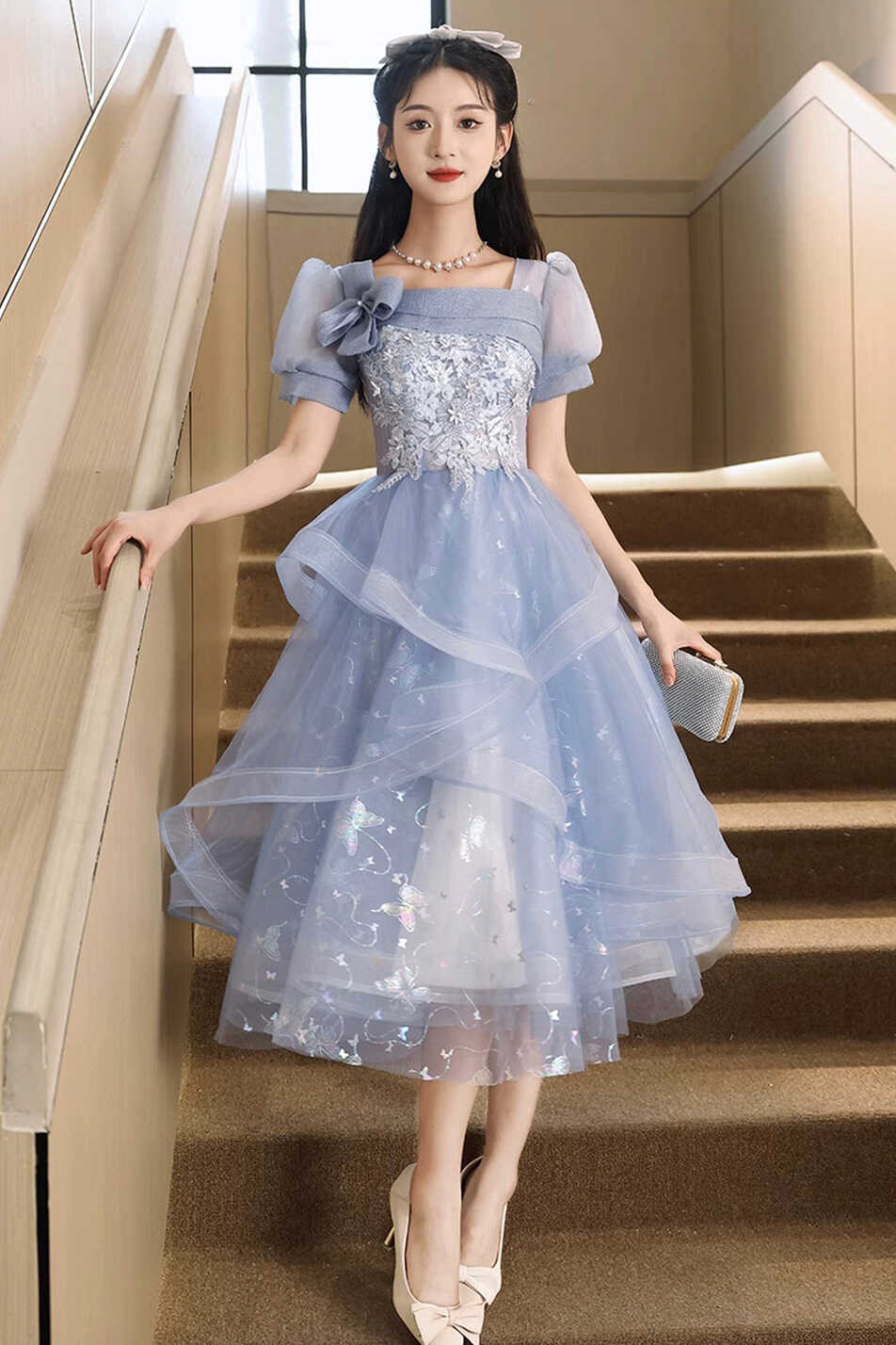 Blue Tulle Lace Knee Length Prom Dress, Cute Short Sleeve Evening Part