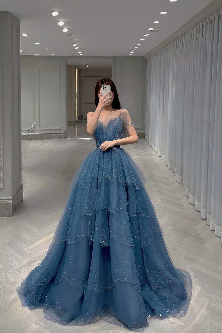 Blue Tulle Layers Straps Beaded Long Formal Dress, Beautiful A-Line Pr