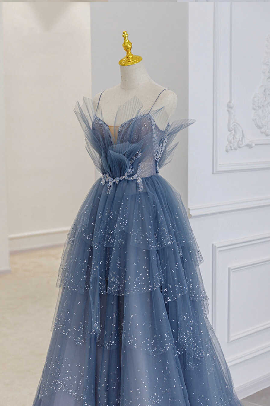 Blue Tulle Layers Straps Beaded Long Prom Dresses, A-Line Evening ...