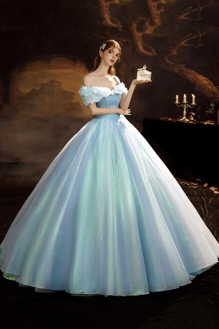 Blue Tulle Long Princess Dress, A-Line Off the Shoulder Evening Party