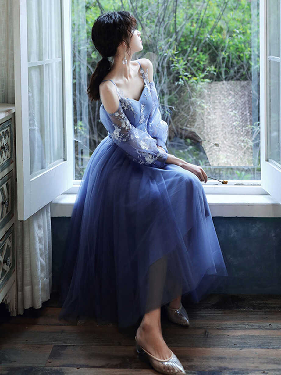 Blue Tulle Long Sleeves Short Prom Dress, Blue Short Homecoming ...