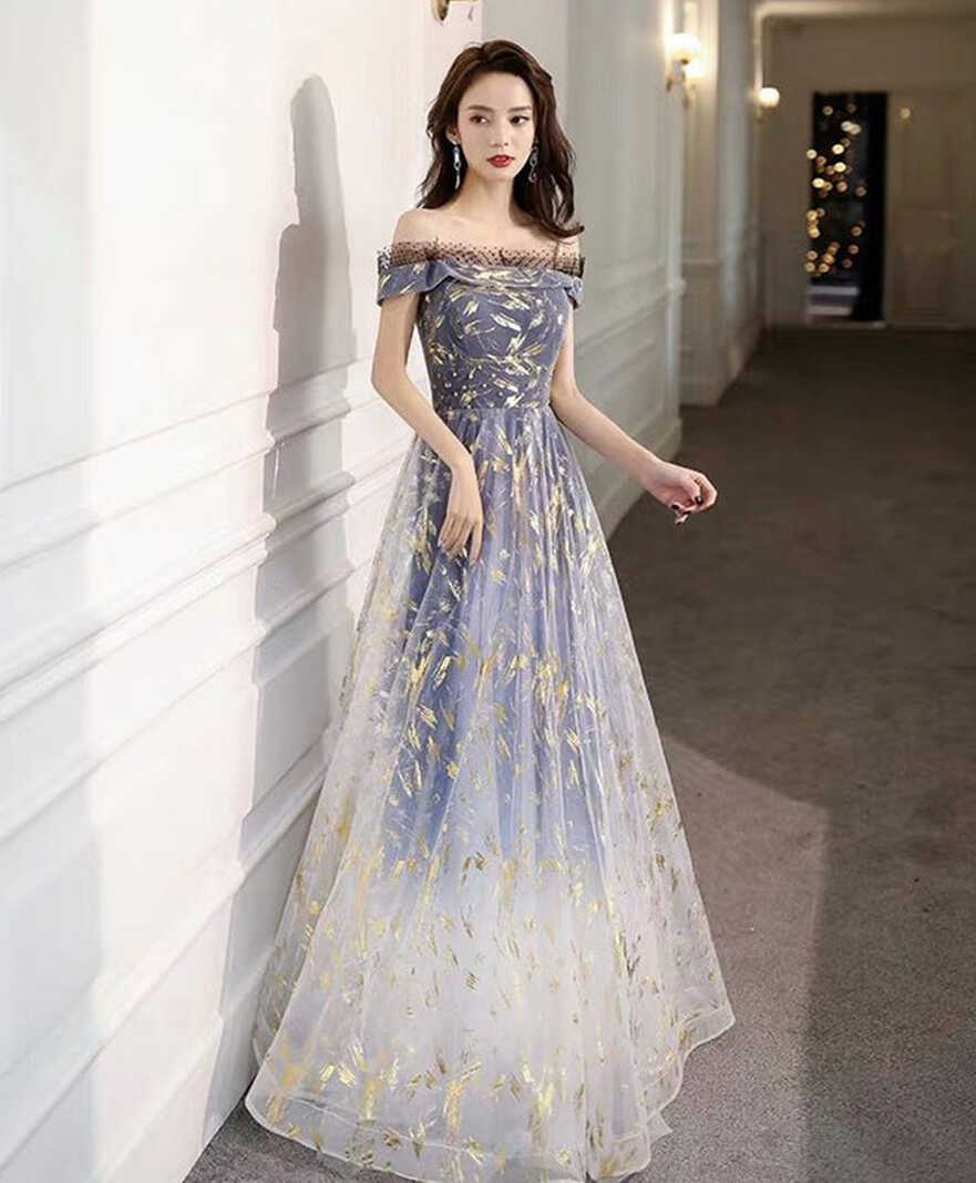 Blue Tulle Off Shoulder Lace Long Prom Dress Tulle Formal Dress ...