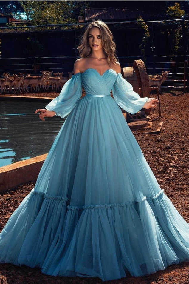 Blue Tulle Prom Dresses with Detachable Sleeves – loveangeldress