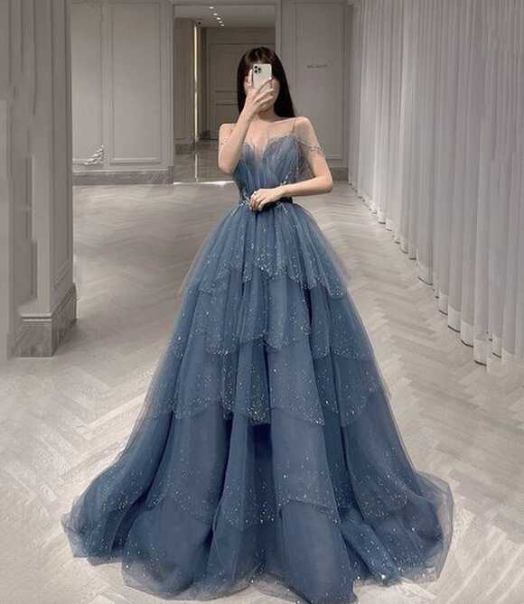 Blue Tulle Sequins Long Ball Gown Dress Formal Dress