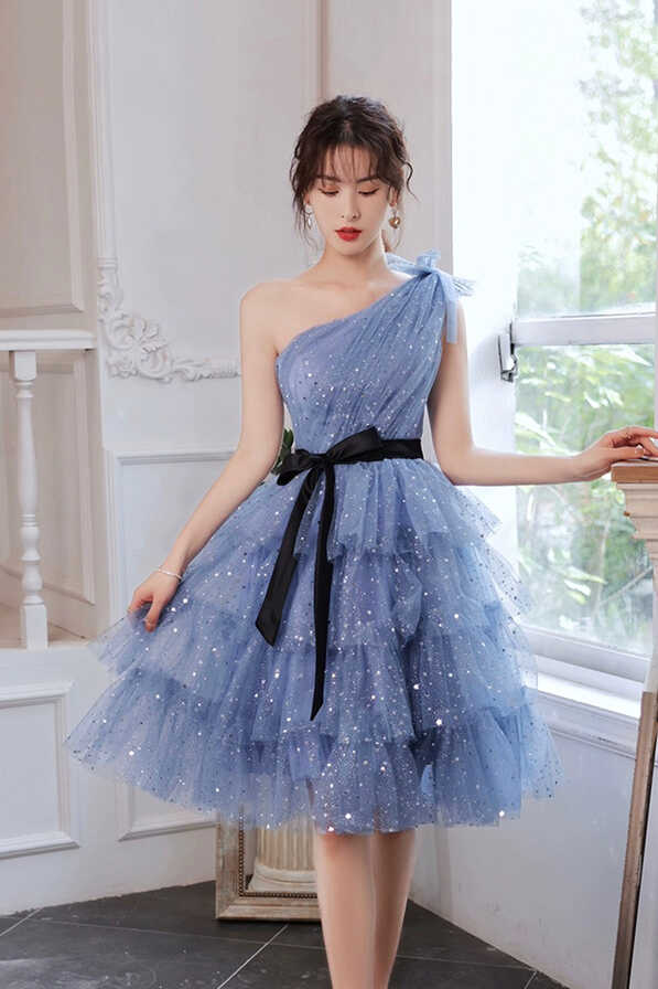 Blue Tulle Short Prom Dress, One Shoulder Multi-Layers Blue Party Dres