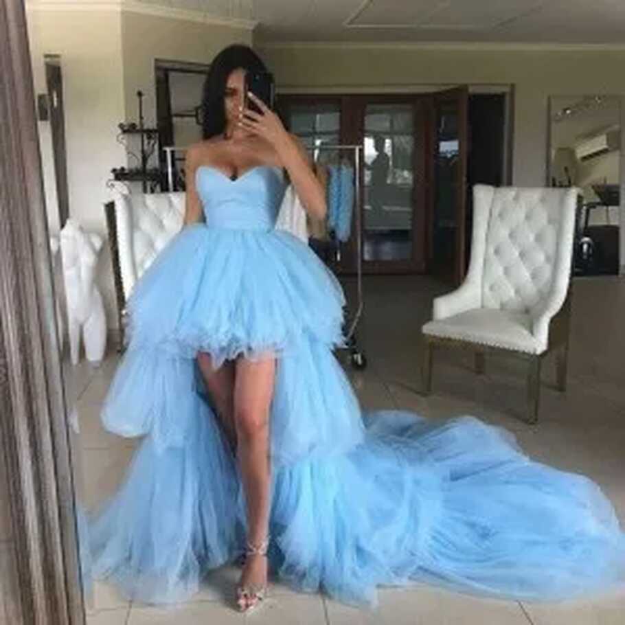 Blue Tulle Strapless Short Front Long Back Prom Dress - Xdressy