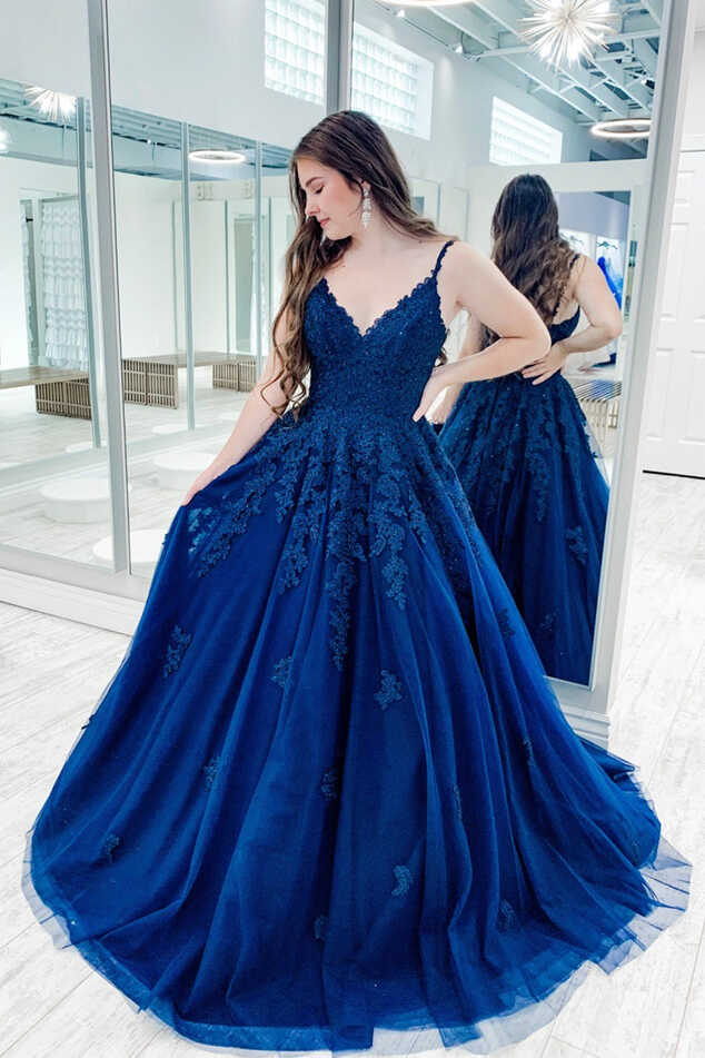 Blue V-Neck Lace Long Prom Dress, A-Line Spaghetti Formal Dress