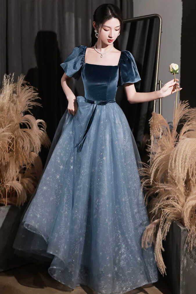 Blue Velvet Tulle Long Prom Dress, Beautiful Short Sleeve Evening Dres