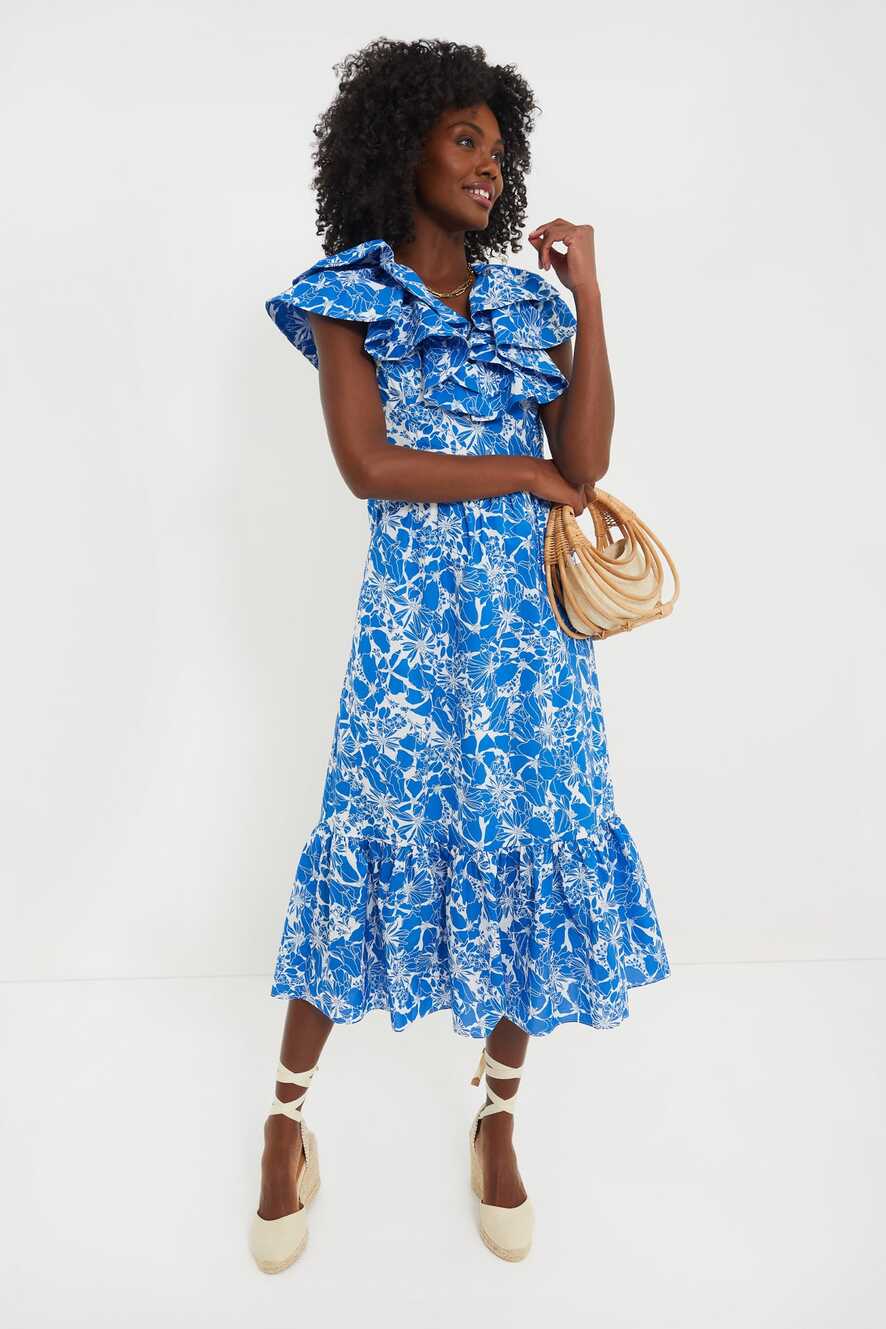 Blue and White Floral Beaufort Midi Dress | Hyacinth House