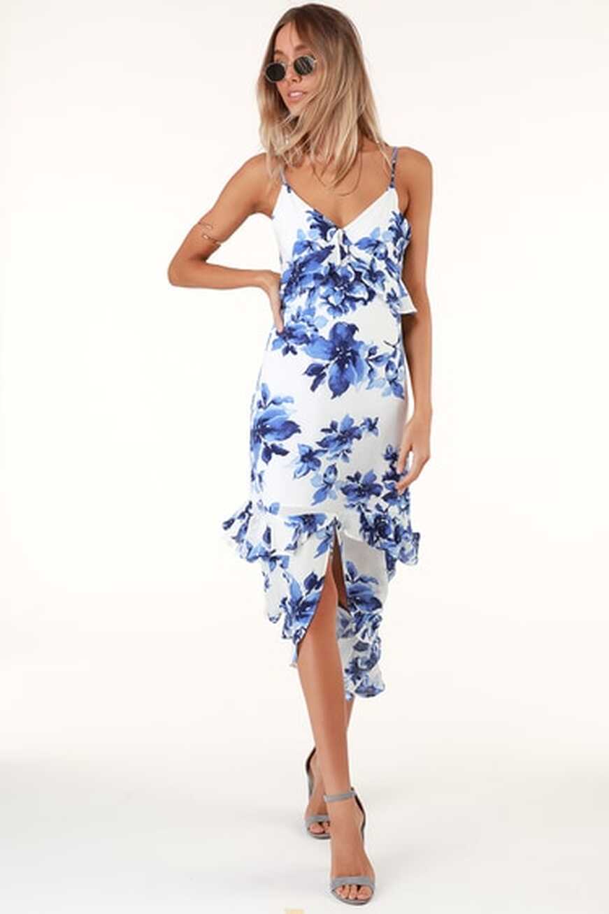 Blue and White Floral Print Dress - Midi Dress - Ruffled Dress - Lulus