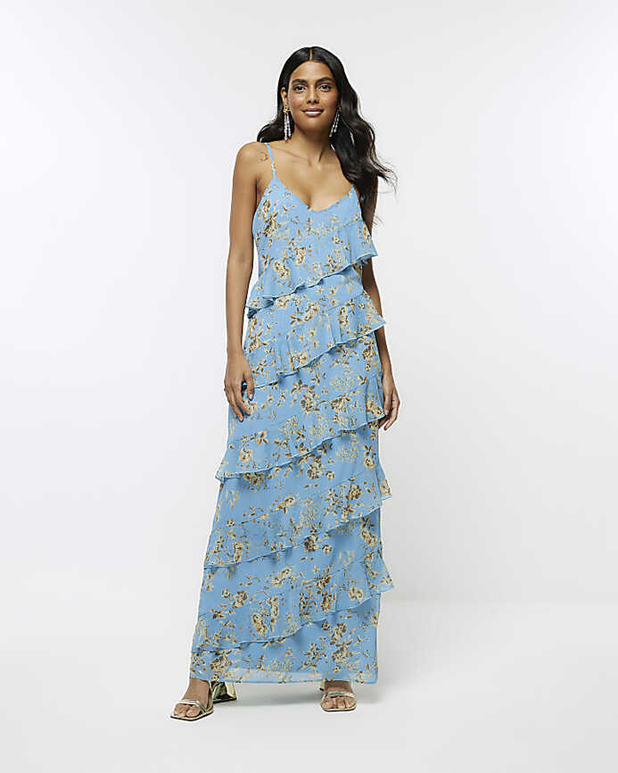 Blue floral ruffle maxi dress | River Island