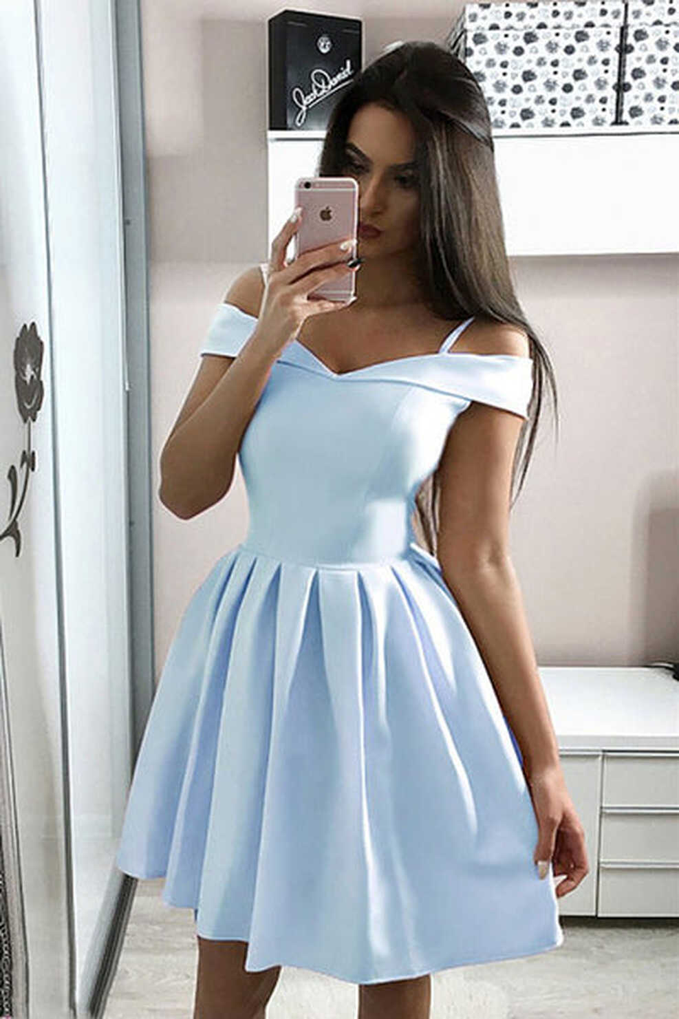 Blue off shoulder satin short prom dress blue cocktail dress – shdress