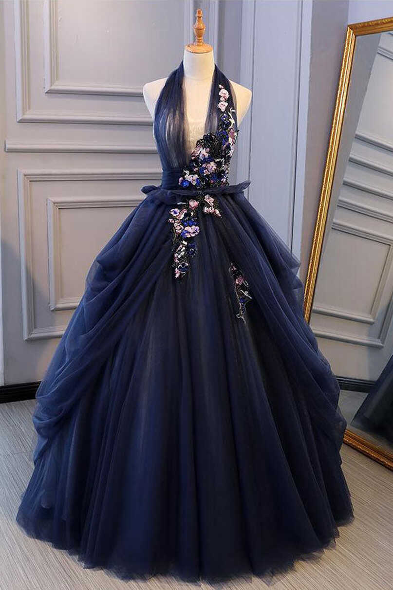 Blue tulle lace long prom dress, blue tulle lace evening dress ...