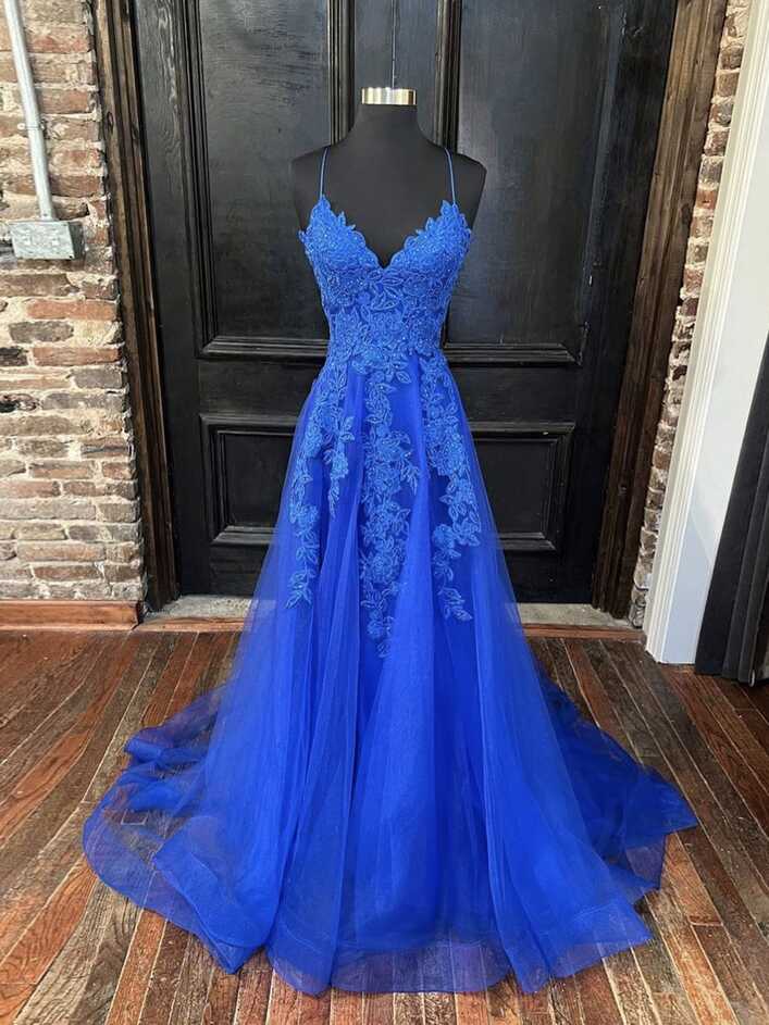 Blue v neck tulle lace long prom dress, blue tulle evening dress ...