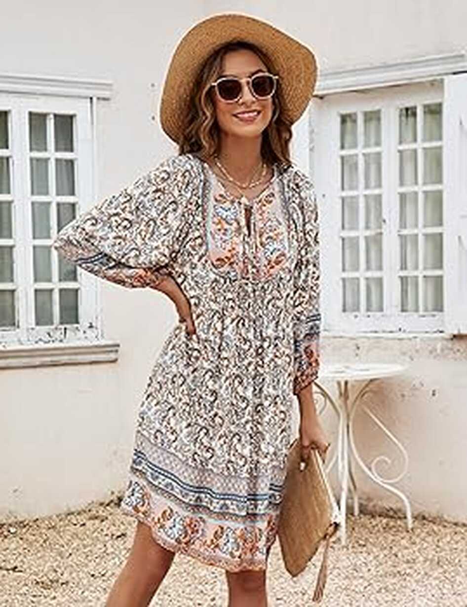 Bluetime Women Casual Beach Cover up Loose A-Line Boho Dresses V ...