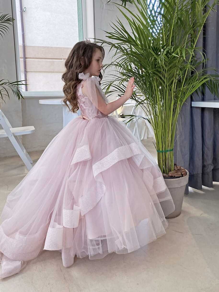 Blush Pink Glitter Tulle Flower Girl Dress With Bow on Buttons for ...