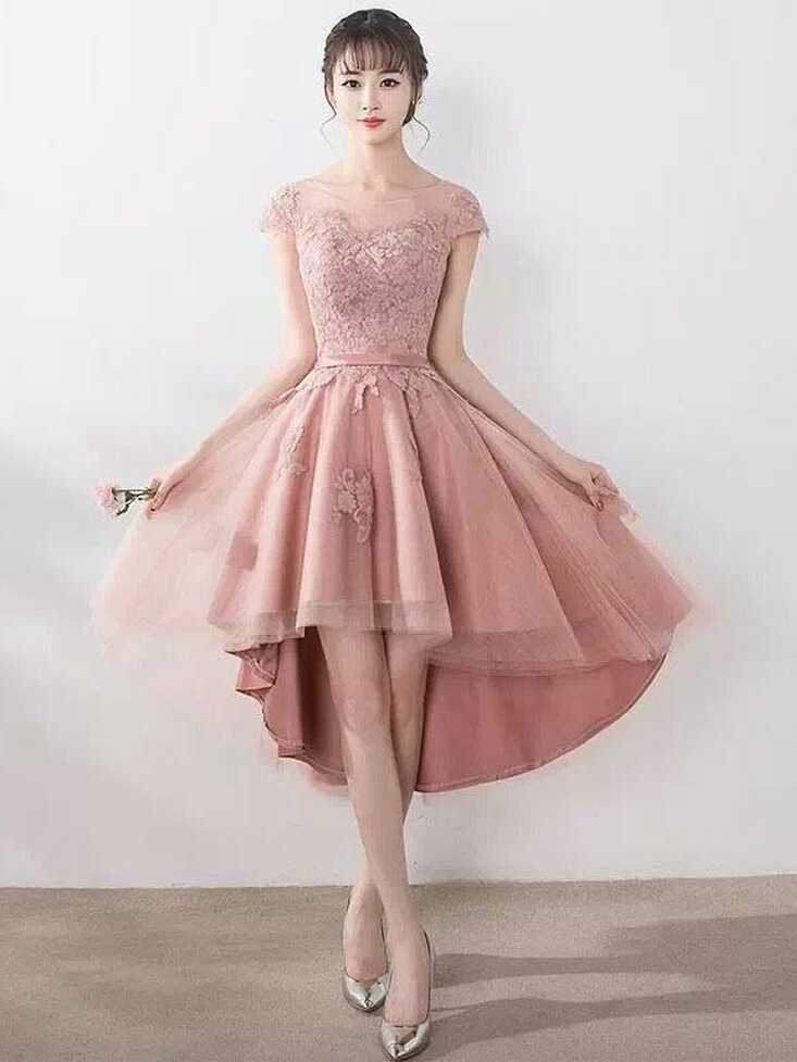 Blush Pink Homecoming Dresses High Low Lace Applique Illusion ...