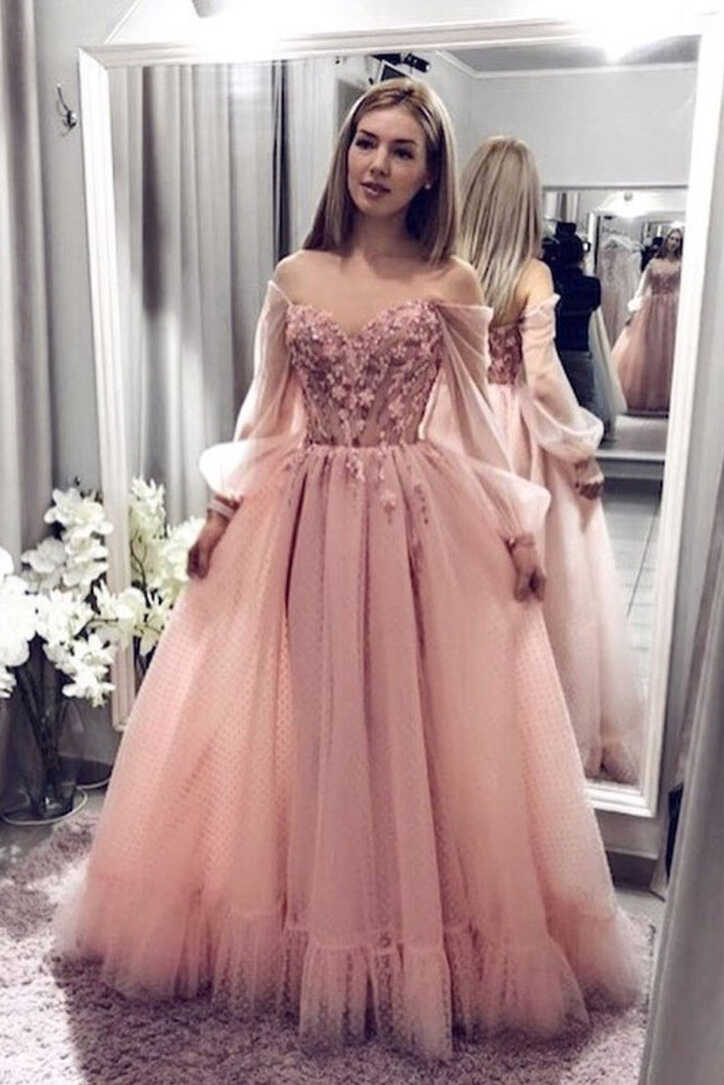 Blush Pink Prom Dresses With Long Sleeves, A Line Elegant Evening ...