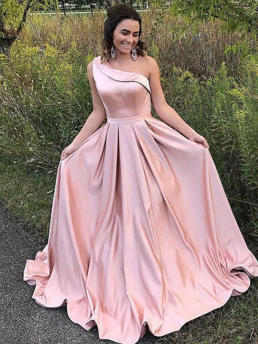 Blush Pink Satin One Shoulder Simple Prom Dresses,PD00161 ...