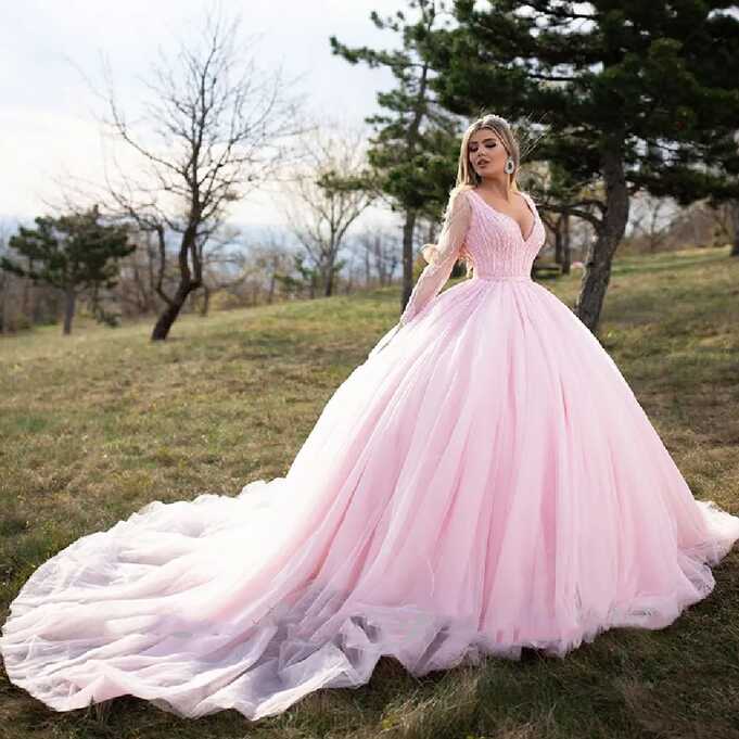 Blush Pink Sequin Garden Wedding Pink Wedding Dress With Long ...