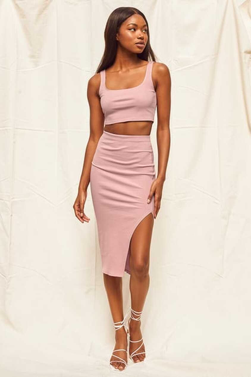 Blush Pink Two-Piece Dress - Ribbed Bodycon 2-Piece Dress - Set ...