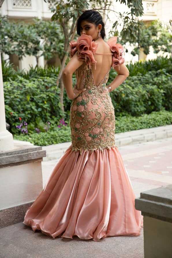 Blush pink fish cut gown by Roop Vatika by Raj Arora