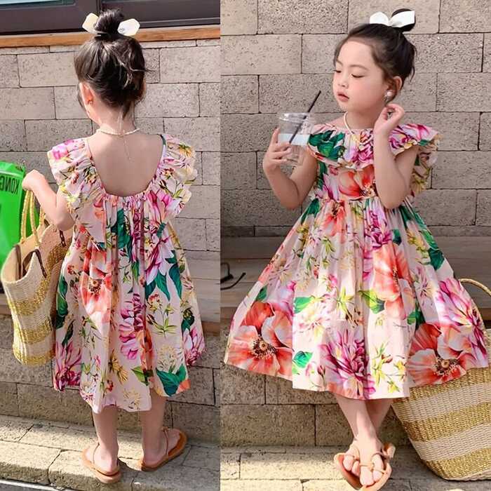 Boboramall Party Dress Summer Girls Floral Print Waist Puffy Dress ...