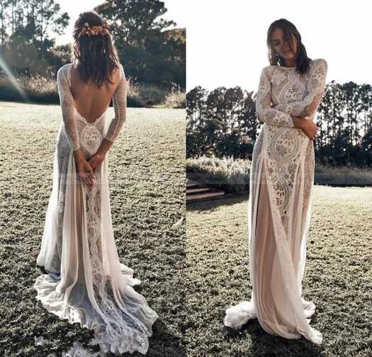 Bohemian Beach Wedding Dress Sexy Backless Long Sleeve Nude Lining ...