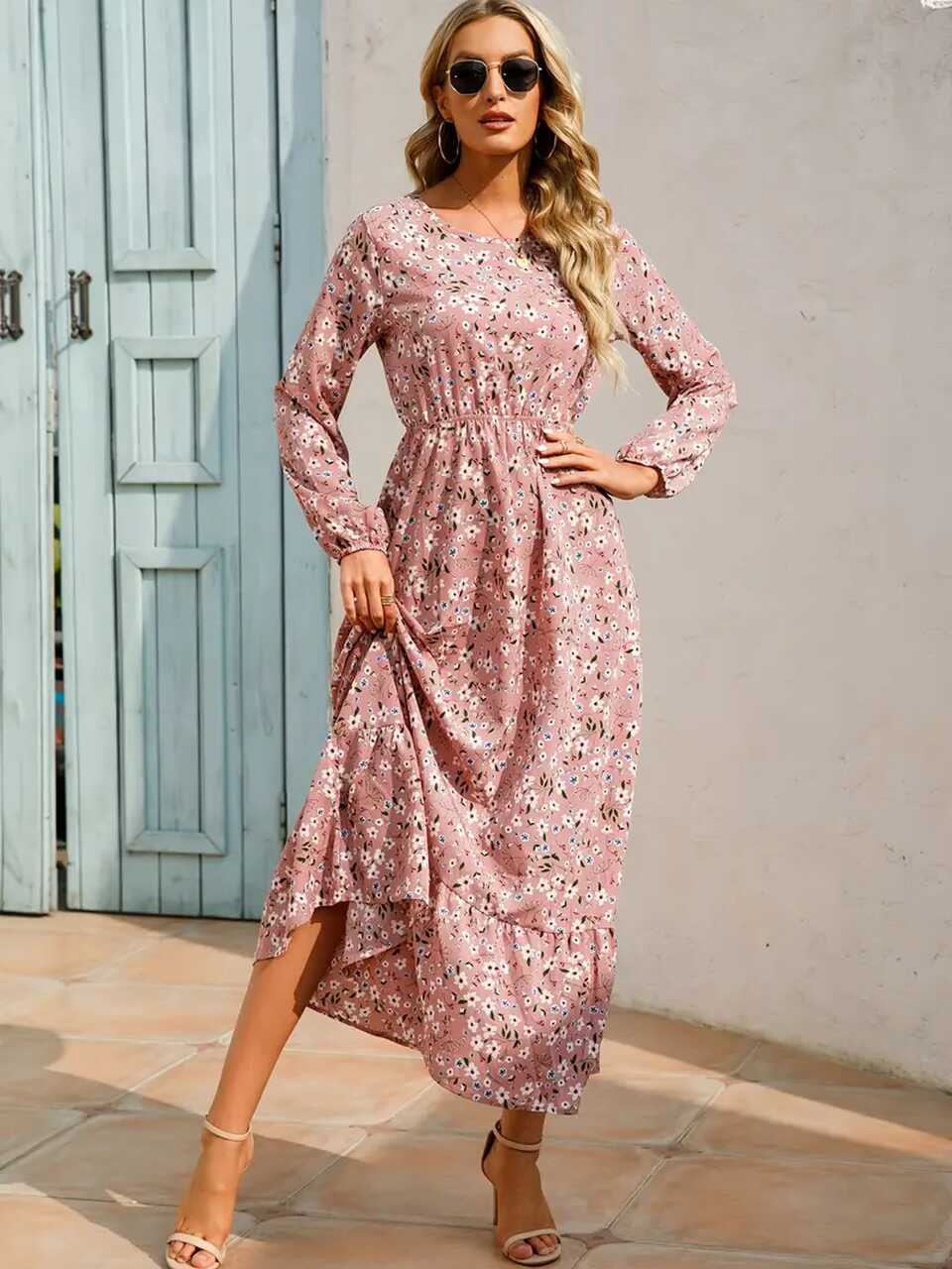 Bohemian Flowy Ruffle Long Dress Casual Floral Print Long - Temu