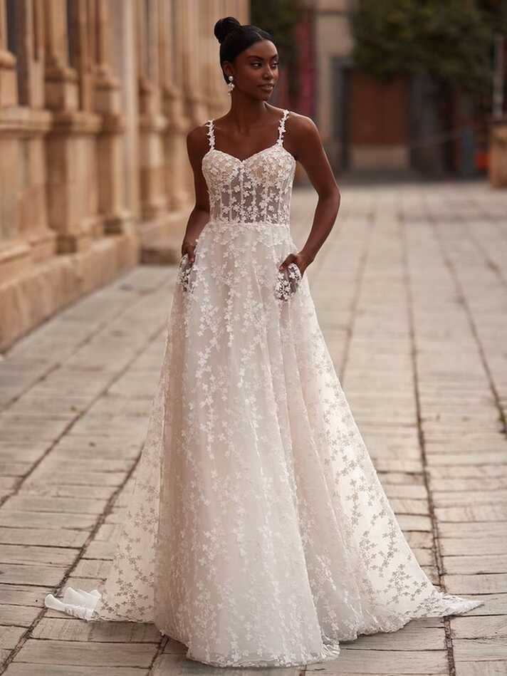 Bohemian Inspired Floral Lace Bridal Gown with Side Pockets &amp; Open ...