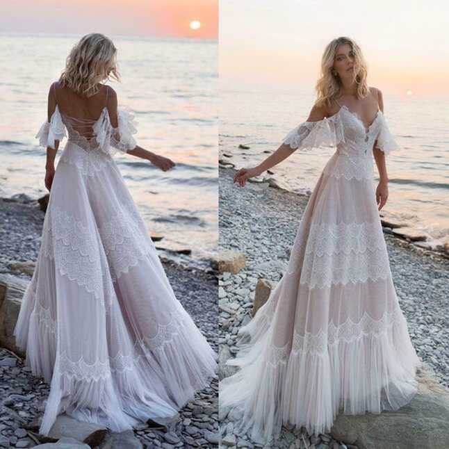 Bohemian Lace Wedding Dresses V Neck Short Sleeves Beach Boho ...