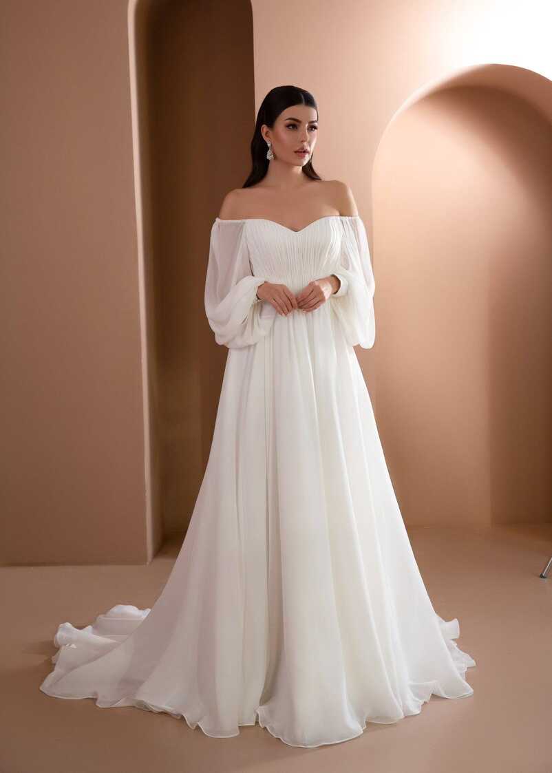 Boho A Line Chiffon Wedding Dress with Long Off Shoulder – AmberBride