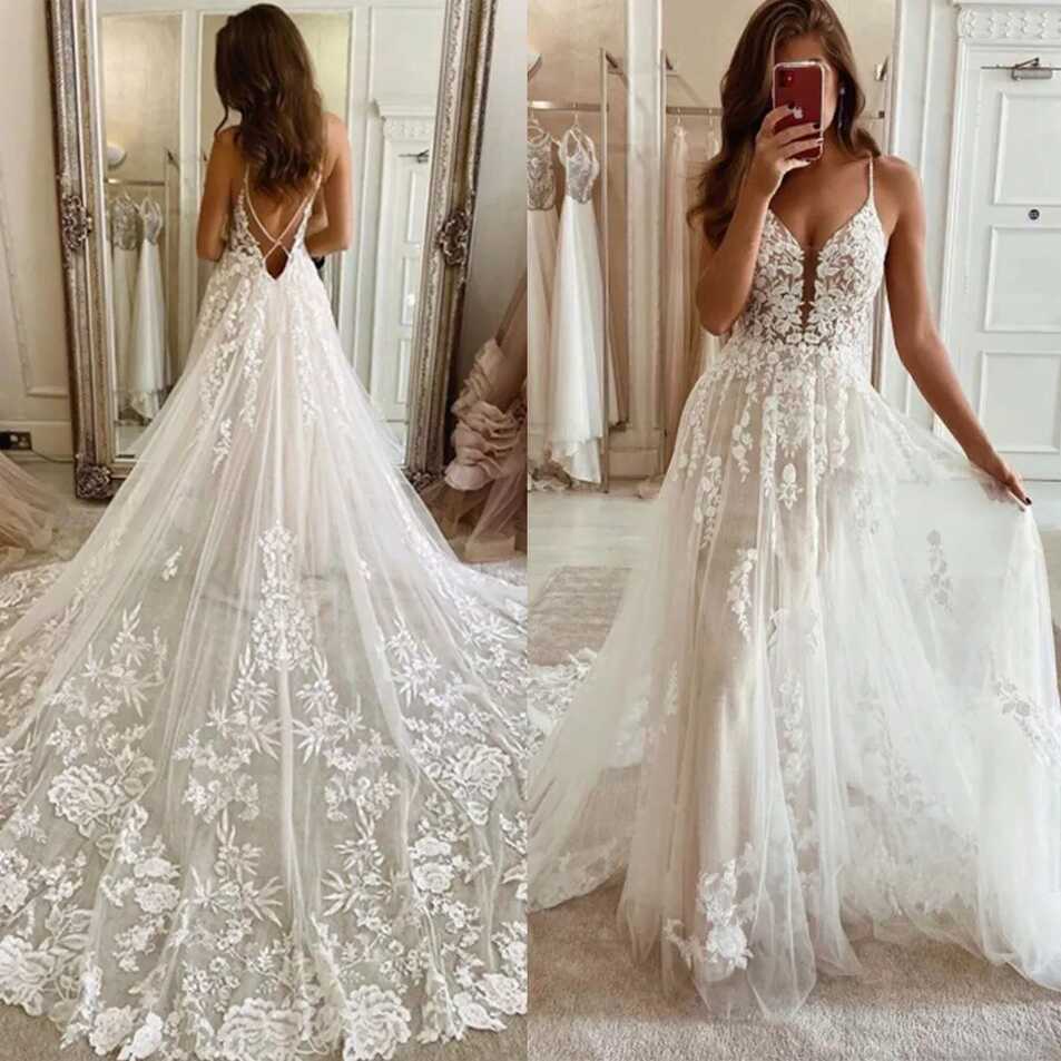 Boho A-Line Wedding Dresses Lace Appliques Spaghetti Straps V-Neck ...