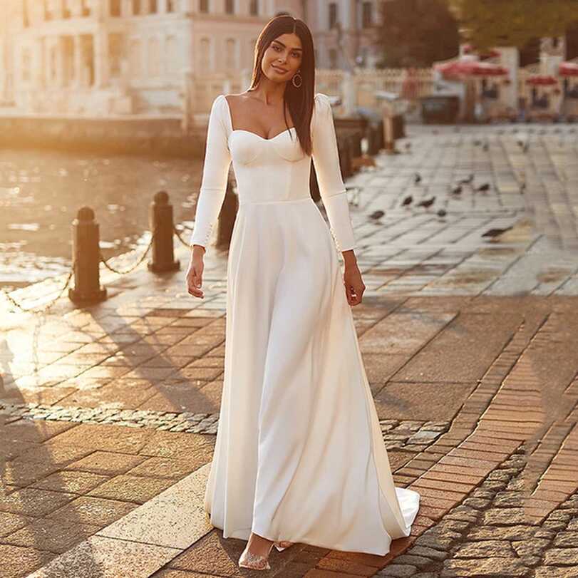 Boho Beach Long Sleeves Satin Wedding Dress For Women Vintage A ...