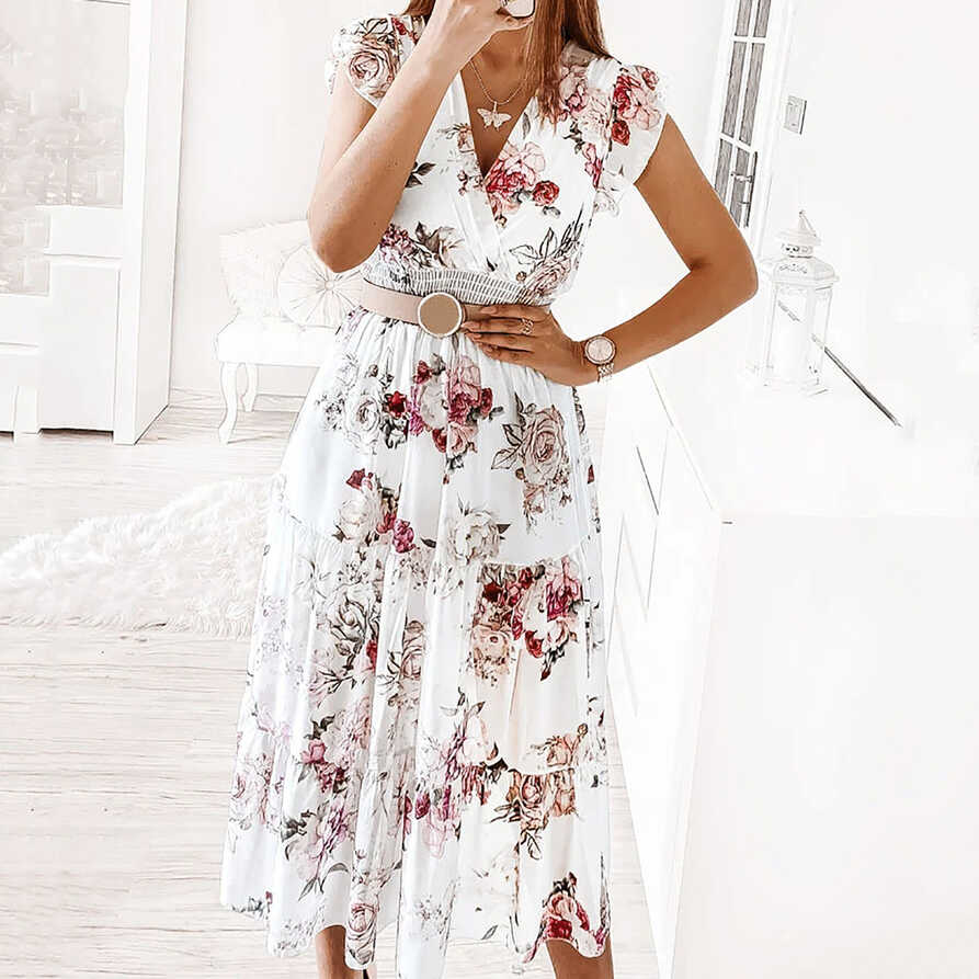 Boho Chiffon Dress for Women Ruffle Short Sleeve Floral Midi ...