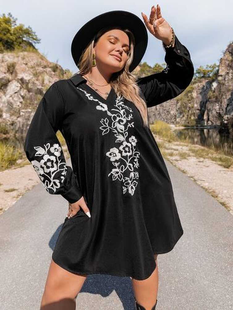 Boho Cowgirl Plus Size Embroidered Long Sleeve Mini Dress | Baha ...