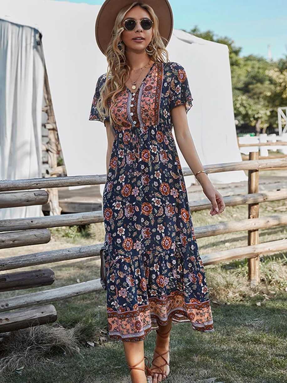 Boho Dress For Women 2022 Flower Print V Neck Short Sleeve High ...