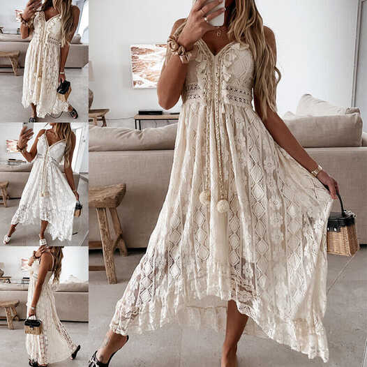 Boho Dress Womens Summer Maxi Dress Holiday Lace V Neck Spaghetti ...