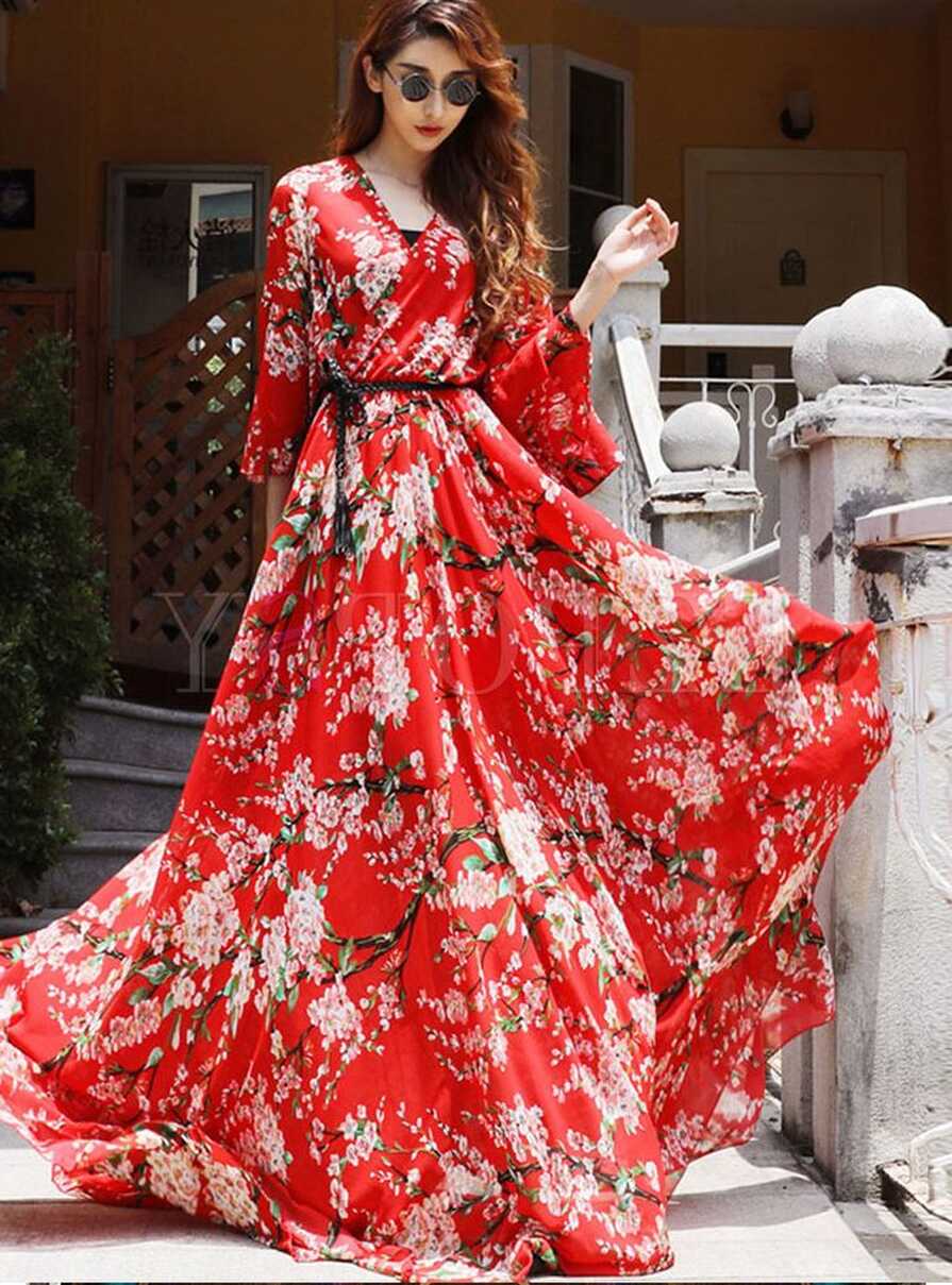 Boho Flare Sleeve Printed Floral Flowy Long Dress | Maxi dress ...