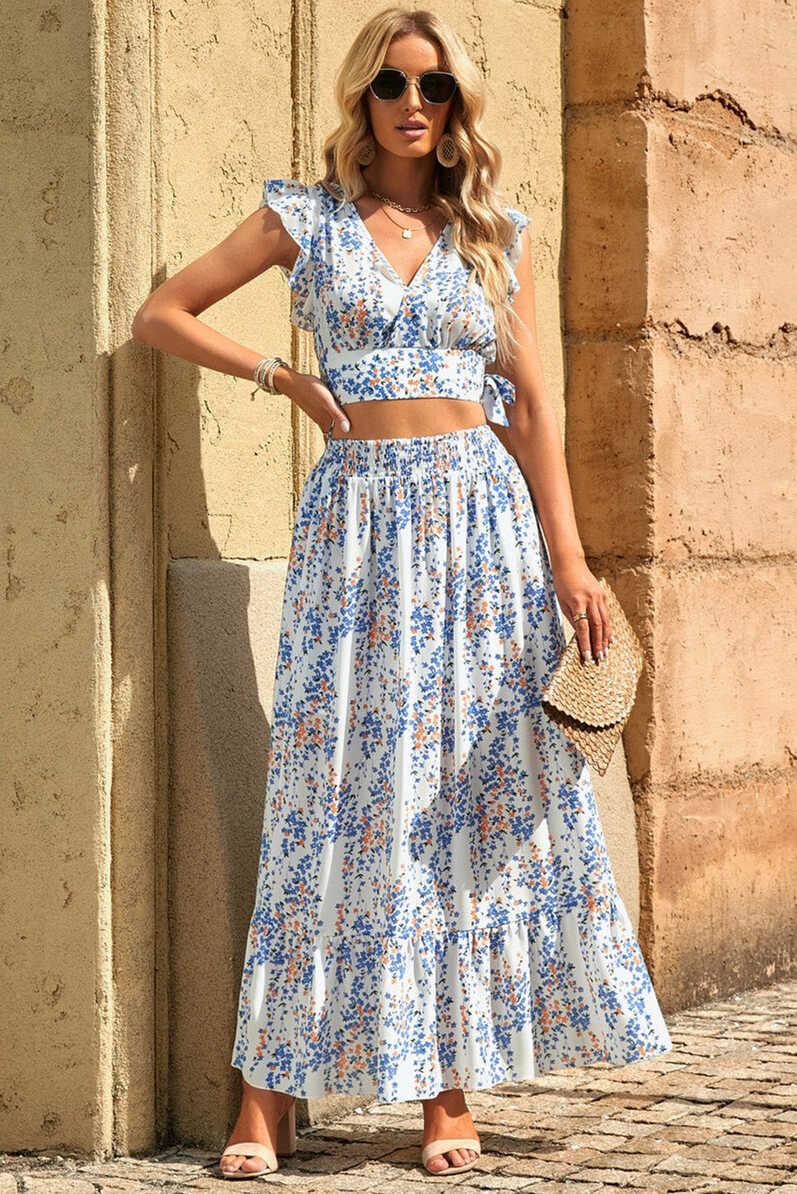 Boho Floral Printed Tie Back Cropped Top and Maxi Skirt Set ...