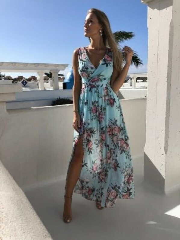 Boho Floral V-neck Maxi Dress for Women - Beach Algeria | Ubuy