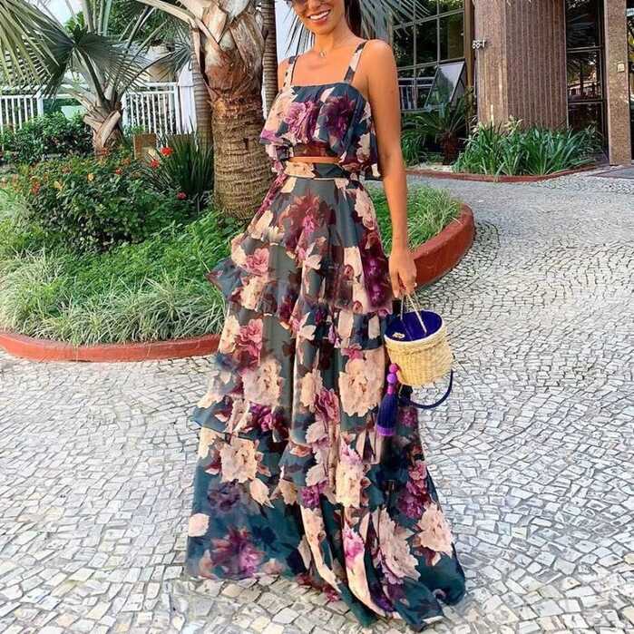 Boho Floral blue floral print ruffle skirt Set in 2024 | Maxi ...