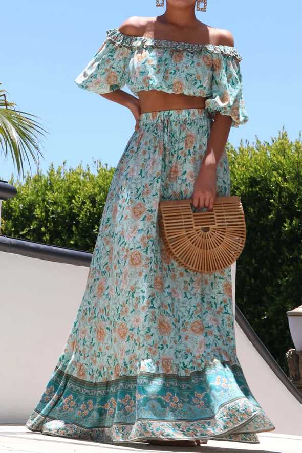 Boho Gypsy Blue Ruffle Off Shoulder Crop Top Flared Maxi Skirt ...