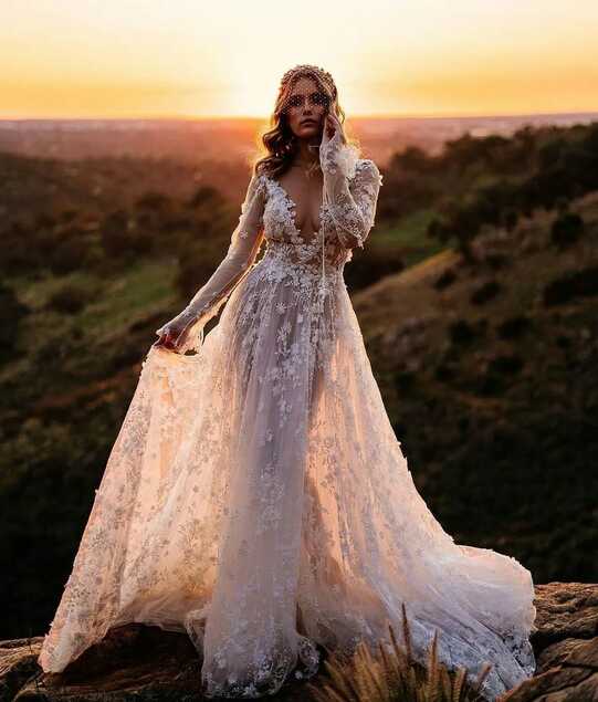 Boho Illusion Lace Boho Lace Wedding Dress With Floral Pattern And ...