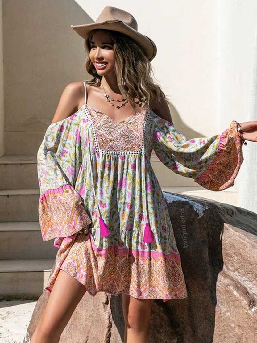 Boho Inspired Floral Mini Dress | Shoulder Boho Dress | Women ...