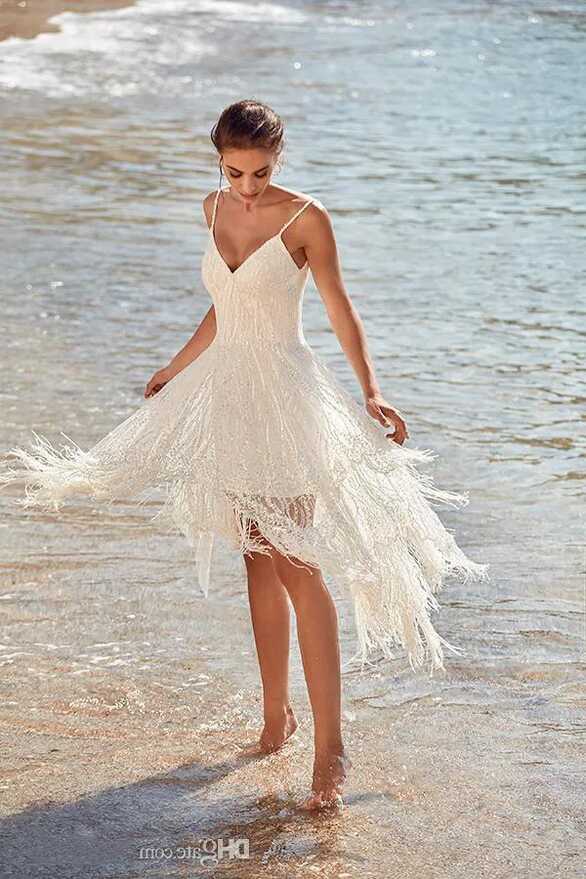 Boho Lace Beach Wedding Dress With Spaghetti Straps, V Neckline ...