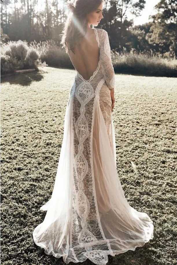 Boho Lace Boho Lace Wedding Dress With Open Back Long Sleeves ...