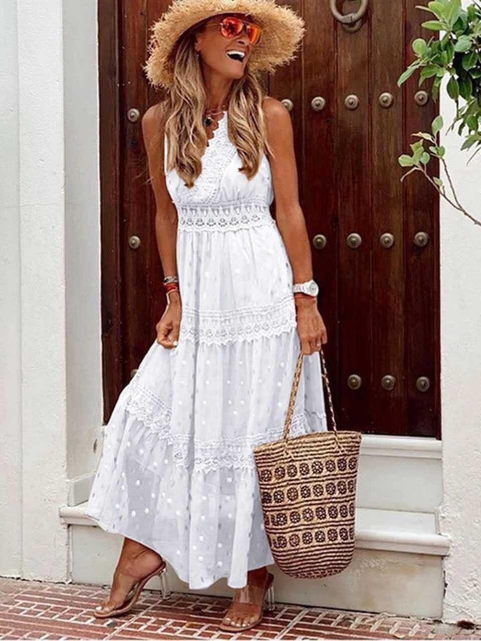 Boho Lace Dress Women White Beach Long Dress Summer Casual ...